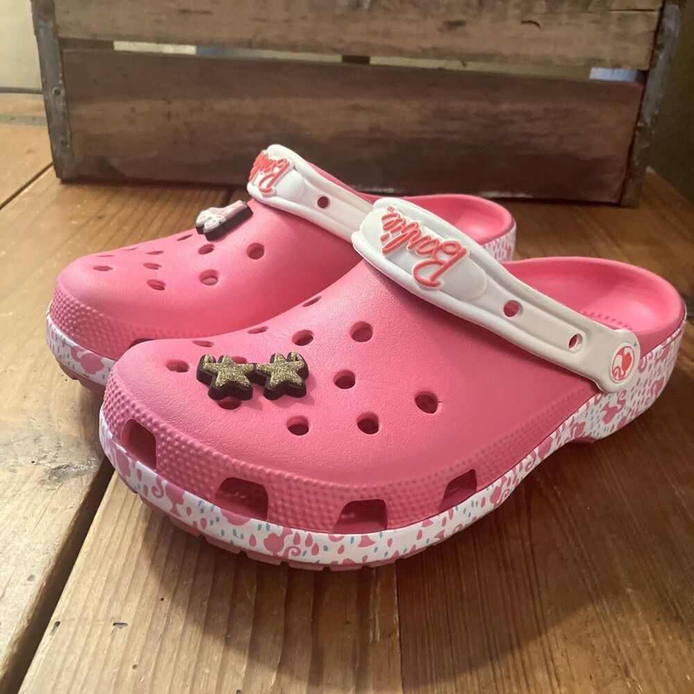 Crocs Classic Clog Barbie Electric Pink White Women's Sz 8 Charms